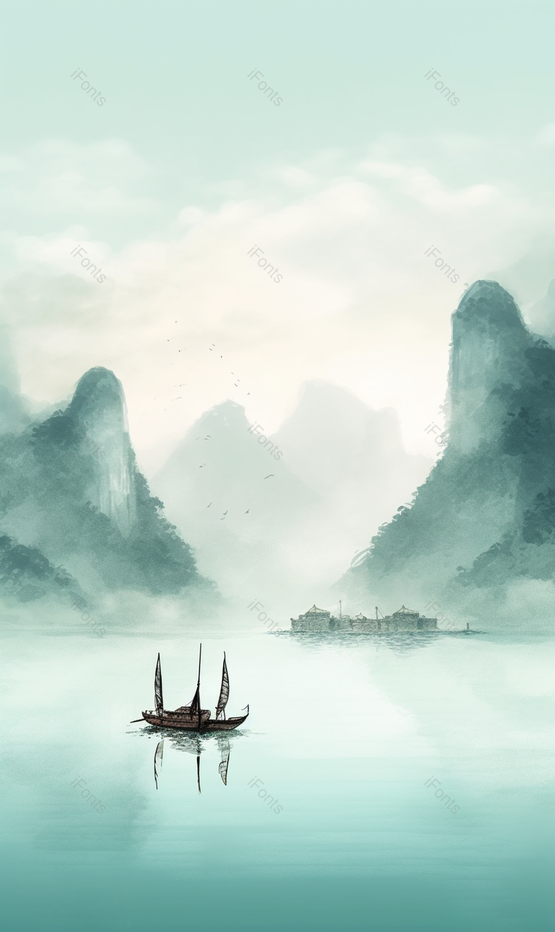 蓝色意境天空白云浓雾和山峰水面上的小船,插画/手绘图,插画/手绘图库,插画/手绘图下载,插画/手绘